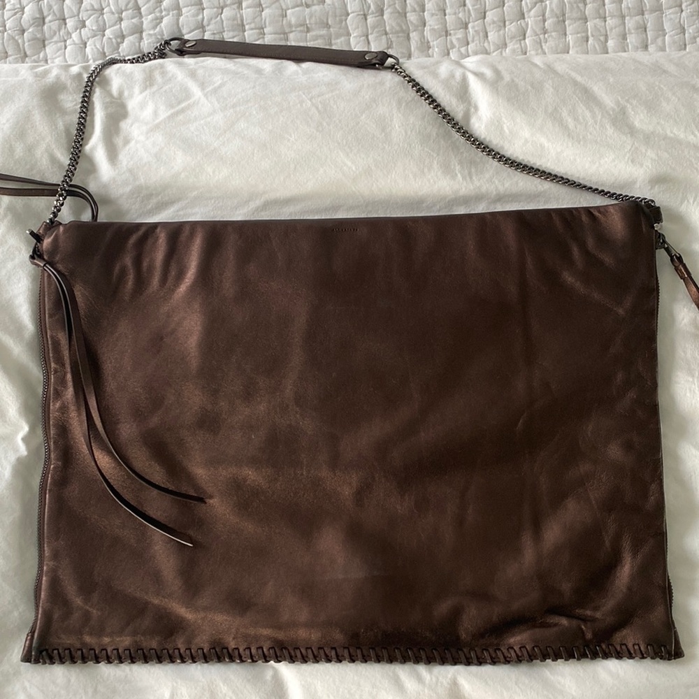 All Saints Metallic Brown Large Leather Flat Purse